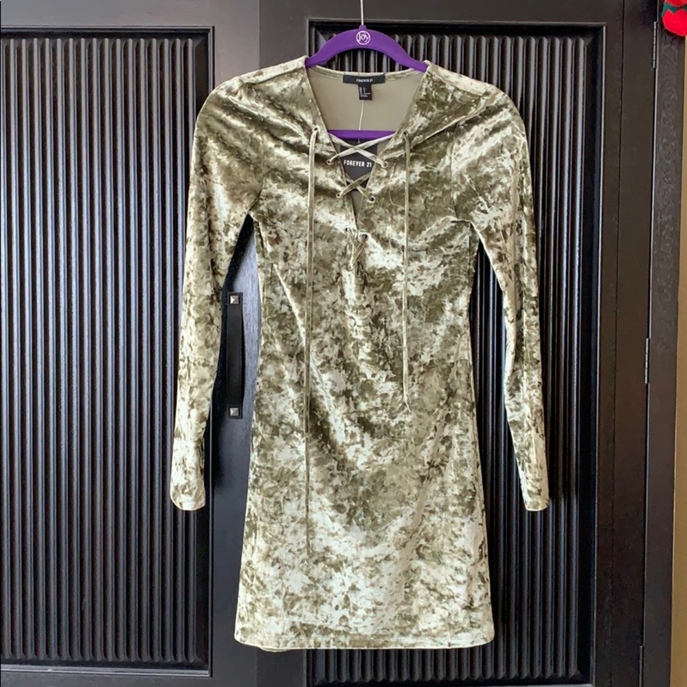 Green velvet lace up dress